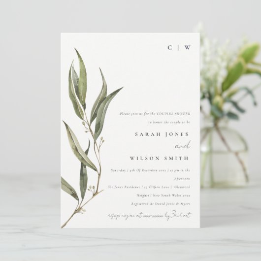Chic Simple Eucalyptus Botanical Couples Dusche Einladung (Stehend Vorderseite)