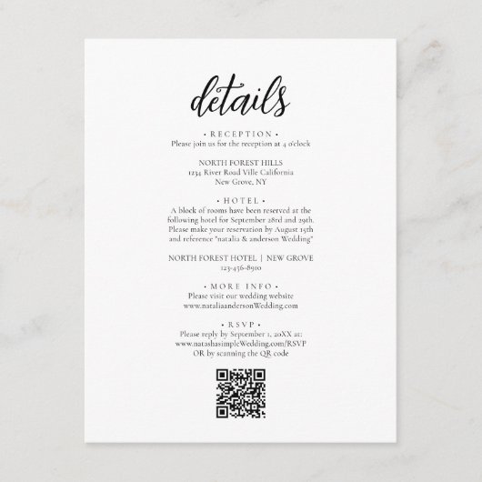 Chic Simple Minimal Script QR Code Wedding Details Begleitkarte (Vorderseite)
