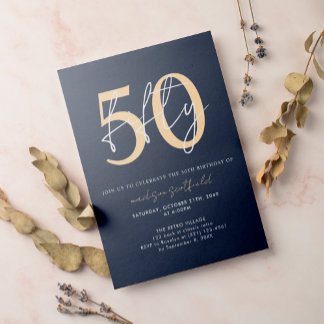 Chic Simple Minimalistisch Blue Gold 50. Geburtsta Einladung