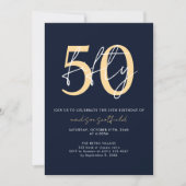 Chic Simple Minimalistisch Blue Gold 50. Geburtsta Einladung (Vorderseite)