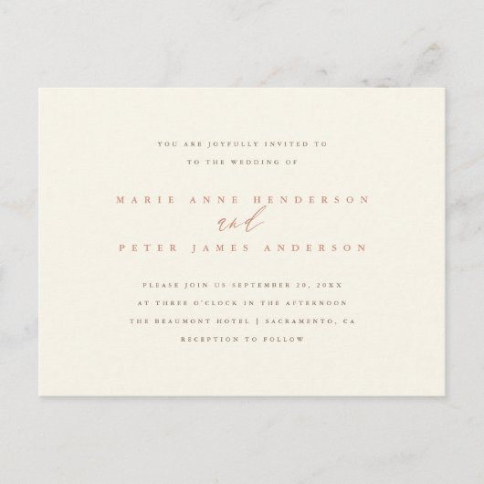 Chic Simple Minimalistisch Typografy Hochzeit im H Einladungspostkarte (Vorderseite)