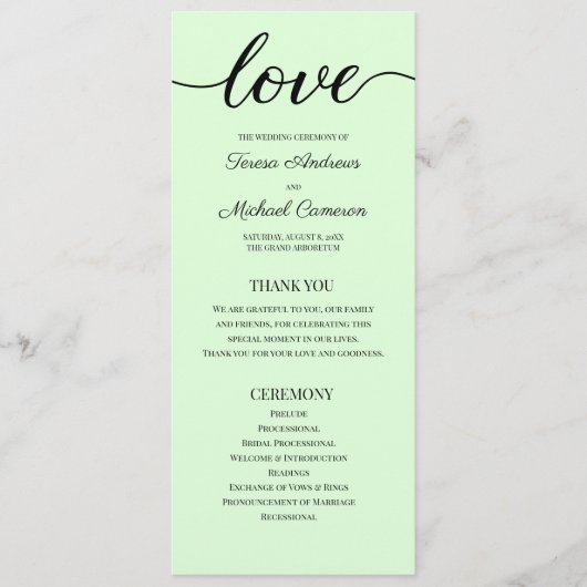 Chic Simple Mint green Wedding Liebe Script Programm (Vorderseite)