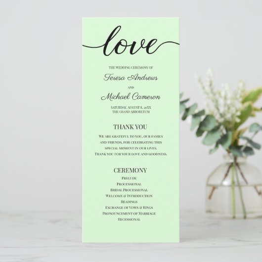 Chic Simple Mint green Wedding Liebe Script Programm (Stehend Vorderseite)