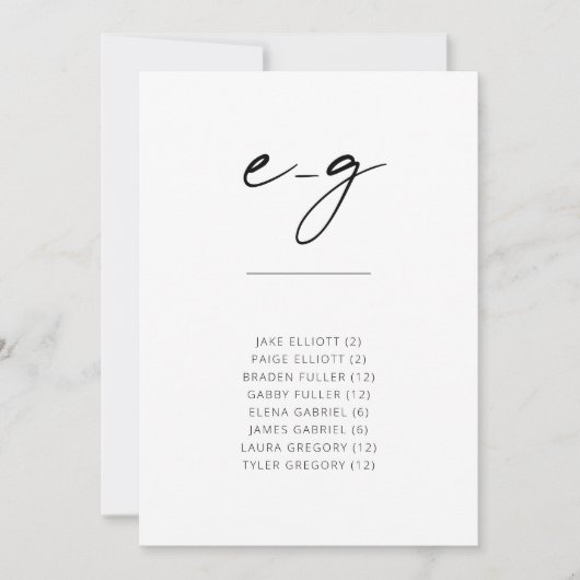 Chic Simple Modern Script Alphabetical Seating E-G (Vorderseite)