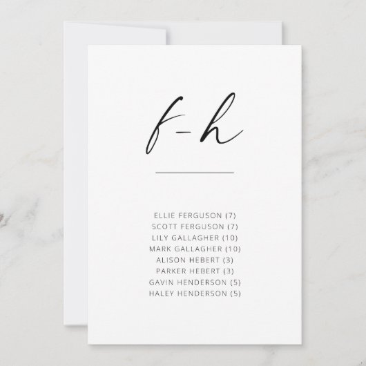 Chic Simple Modern Script Alphabetical Seating F-H (Vorderseite)