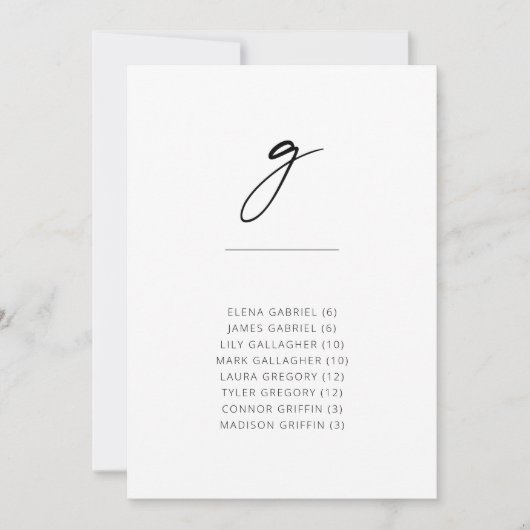 Chic + Simple Modern Script Alphabetical Seating G (Vorderseite)