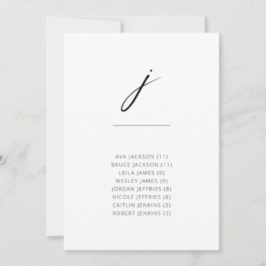 Chic + Simple Modern Script Alphabetical Seating J (Vorderseite)