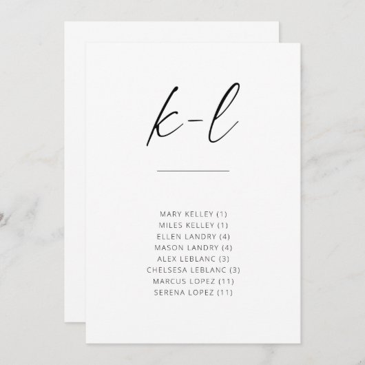 Chic Simple Modern Script Alphabetical Seating K-L (Vorne/Hinten)