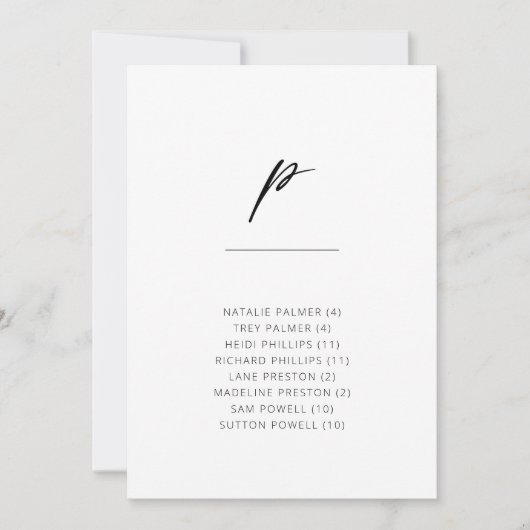 Chic + Simple Modern Script Alphabetical Sitzplati (Vorderseite)