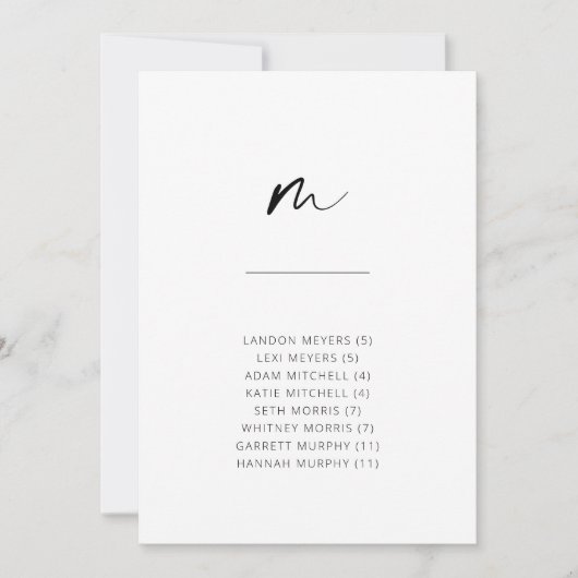 Chic + Simple Modern Script Alphabetische Sitzplät (Vorderseite)