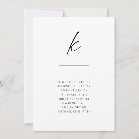 Chic + Simple Modern Script Alphabetische Sitzplät (Vorderseite)