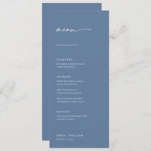 Chic + Simple Modern Script Wedding Menu | Blau Menükarte (Vorne/Hinten)