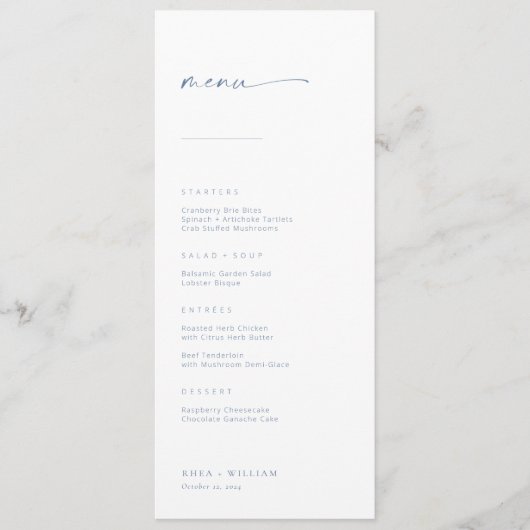 Chic + Simple Modern Script Wedding Menu | Blau Menükarte (Vorderseite)