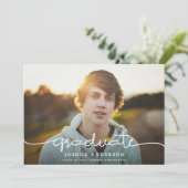 Chic Simple Modern Script Zwei-Foto-Abschluss Ankündigung (Stehend Vorderseite)