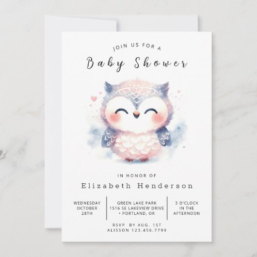 Chic Simple Owl Baby Dusche Einladung (Vorderseite)