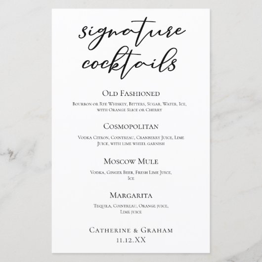 Chic Simple Wedding Signature Cocktails Bar Menu (Vorderseite)