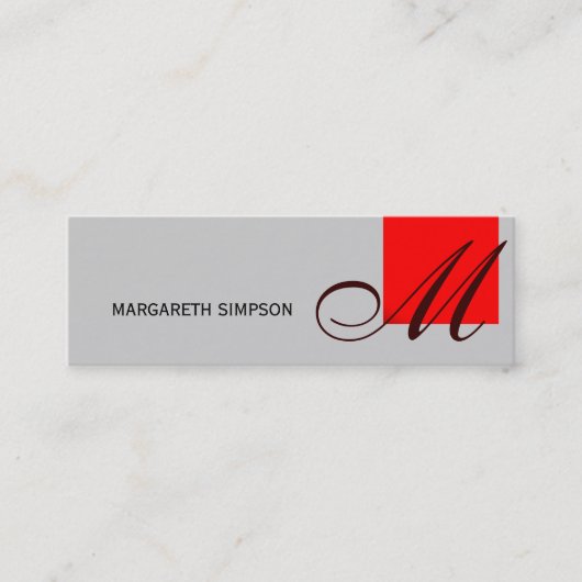 Chic Skinny Monogram Gray Red Business Card Mini Visitenkarte (Vorderseite)