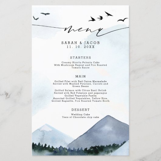 Chic Slate Blue Mountains Skriptmenü Hochzeit (Vorderseite)