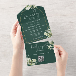 Chic Smaragd Endlich Hochzeit Grüner QR-Code All In One Einladung