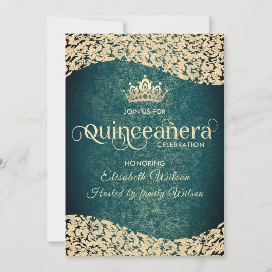 Chic Smaragdgrün Golddamask tiara Quinceañera Einladung (Vorderseite)