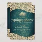 Chic Smaragdgrün Golddamask tiara Quinceañera Einladung (Vorne/Hinten)