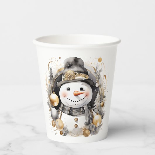 Chic Snowman: Black and Gold Holiday Charm Pappbecher (Vorderseite)