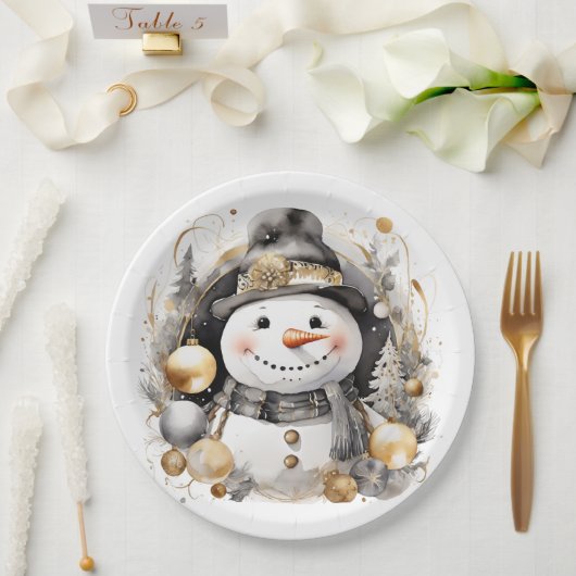 Chic Snowman: Black and Gold Holiday Charm Pappteller (Hochzeit)