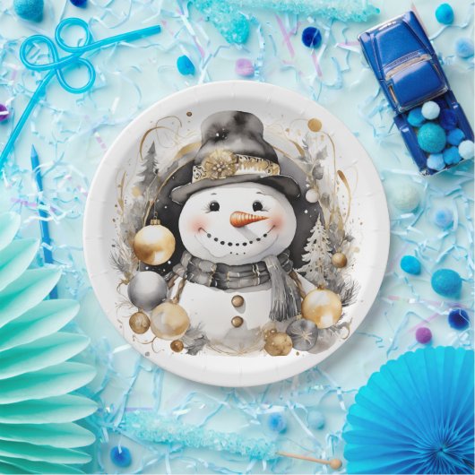 Chic Snowman: Black and Gold Holiday Charm Pappteller (Party)