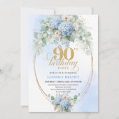Chic Soft Blue Floral Eucalyptus 90th Birthday Einladung (Vorderseite)