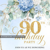 Chic Soft Blue Floral Eucalyptus 90th Birthday Einladung