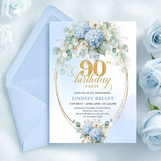Chic Soft Blue Floral Eucalyptus 90th Birthday Einladung
