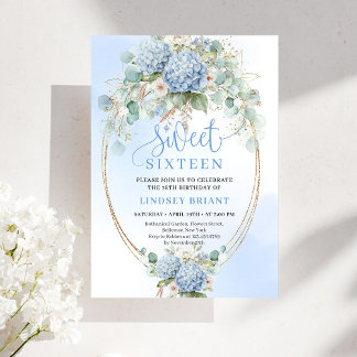 Chic Soft Blue Floral Gold Sweet 16 Birthday Party Einladung