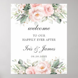 Chic Soft Blush Pink Roses Blumenzange Begrüßung Poster