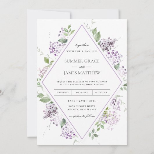 Chic Soft Lilac Lila Blumengrün Hochzeit I Einladung (Vorderseite)