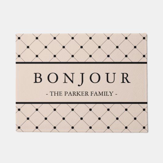 Chic Soft Pink Bonjour mit schwarz gepunktetem Mus Fußmatte (Vorderseite)