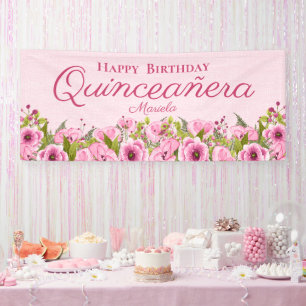 Chic Soft Pink Textured Pink Poppies Quinceañera B Banner