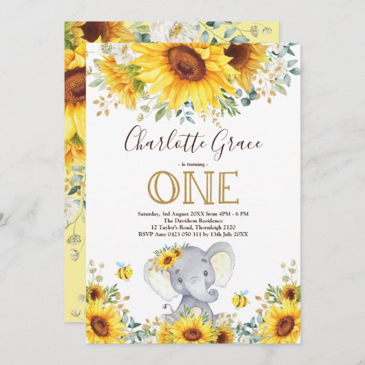 Chic Sonnenblume Elefantengrün Gold 1. Geburtstag Einladung (Vorne/Hinten)