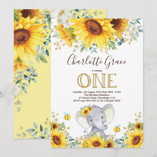 Chic Sonnenblume Elefantengrün Gold 1. Geburtstag Einladung