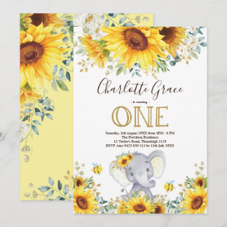 Chic Sonnenblume Elefantengrün Gold 1. Geburtstag Einladung