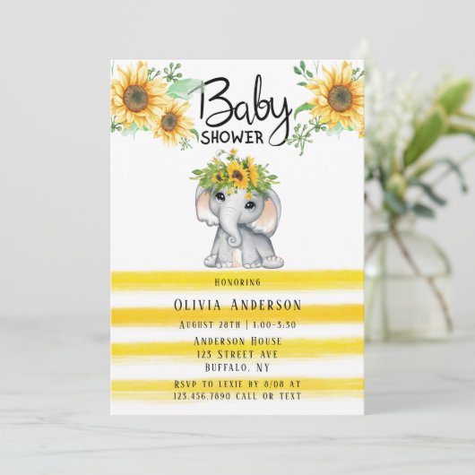 Chic Sonnenblume Elephant Girl Baby Dusche Einladu Einladung (Stehend Vorderseite)