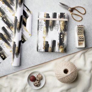 Chic Sophisticated Schwarz und Goldstrich Abstrakt Geschenkpapier