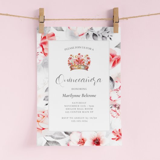 Chic Sophisticed Red Floral Quinceañera Einladung