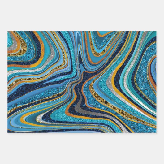 Chic Sparkle Glitzer Marmor Art Blue Gold Geschenkpapier Set (Vorderseite)