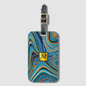 Chic Sparkle Glitzer Marmor Art Blue Gold Monogram Gepäckanhänger (Vorderseite Vertikal)