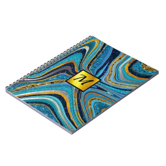Chic Sparkle Glitzer Marmor Art Blue Gold Monogram Notizblock (Linke Seite)