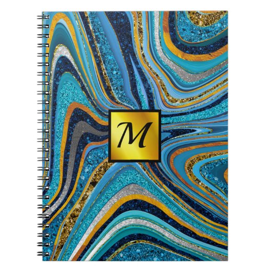 Chic Sparkle Glitzer Marmor Art Blue Gold Monogram Notizblock (Vorderseite)
