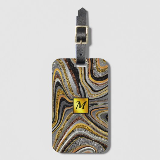 Chic Sparkle Glitzer Marmor Art Graugold Monogramm Gepäckanhänger (Vorderseite Vertikal)