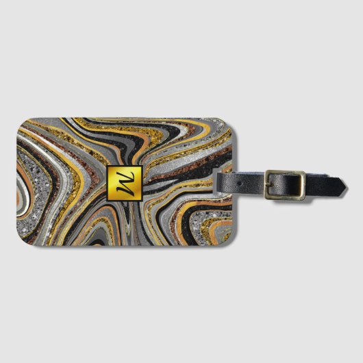 Chic Sparkle Glitzer Marmor Art Graugold Monogramm Gepäckanhänger (Vorderseite (Horizontal))