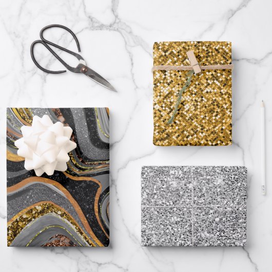 Chic Sparkle Glitzer Marmor grau Gold Geschenkpapier Set (Vorderseite)