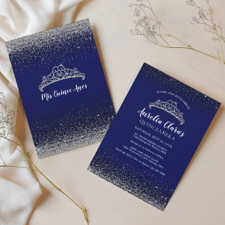 Chic Sparkling Blue Silver Tiara Quinceanera Einladung